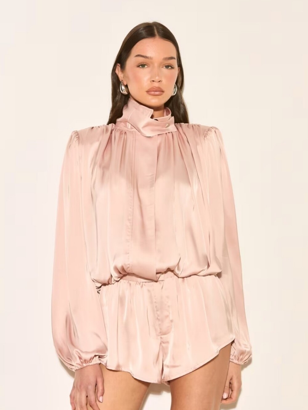 Blush Pink Satin High-Neck Romper - Picture 1 of 3